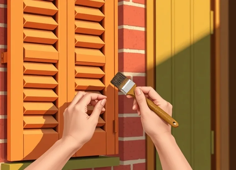 Mise en peinture au pinceau de volets et d'encadrements en bois