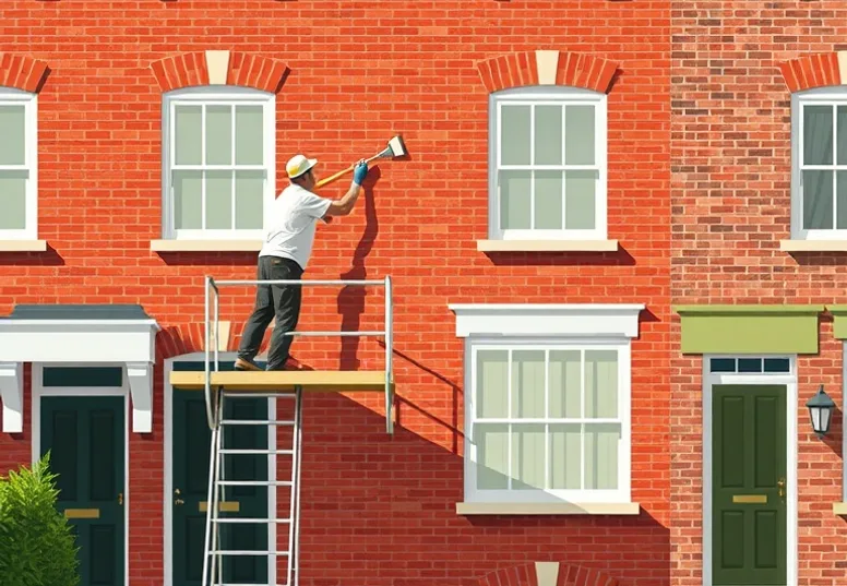 Peintre sur échafaudage traitant la façade d'une maison